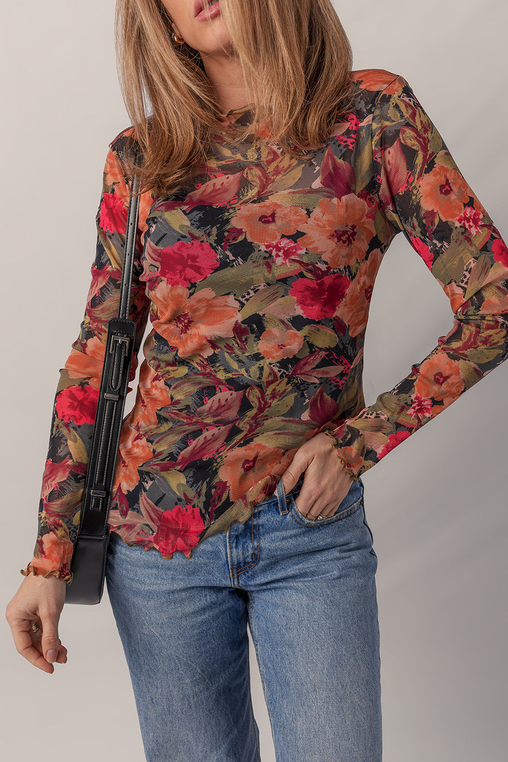 Long Sleeve Floral Print Mesh Top with Lettuce Trim