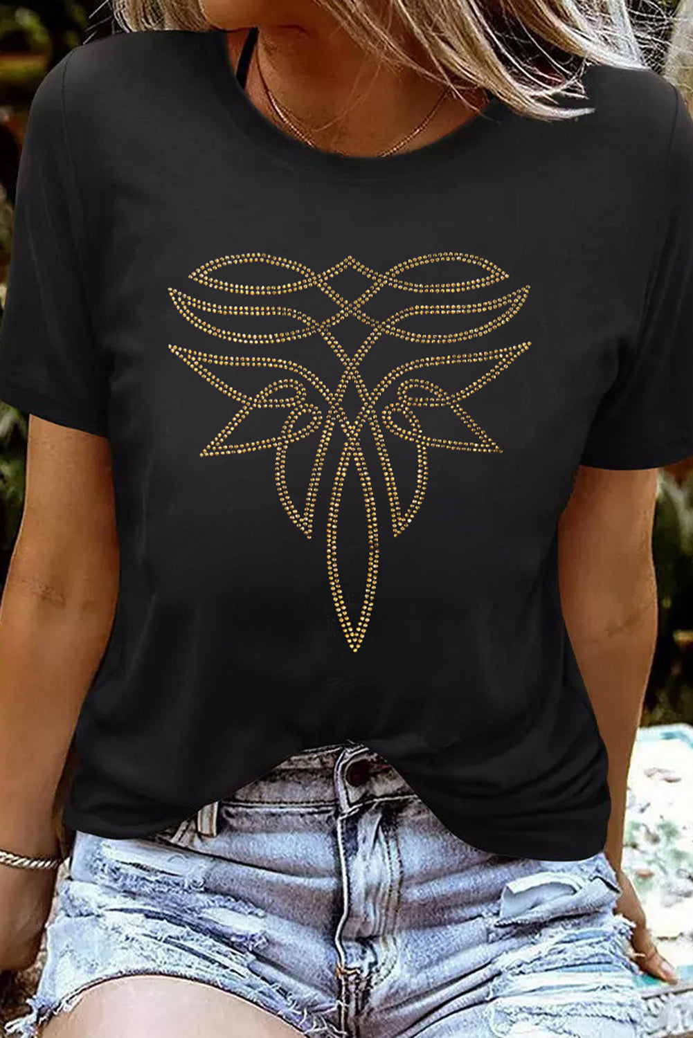 Western Pattern Rhinestone Cotton Blend Graphic T-Shirt for Women