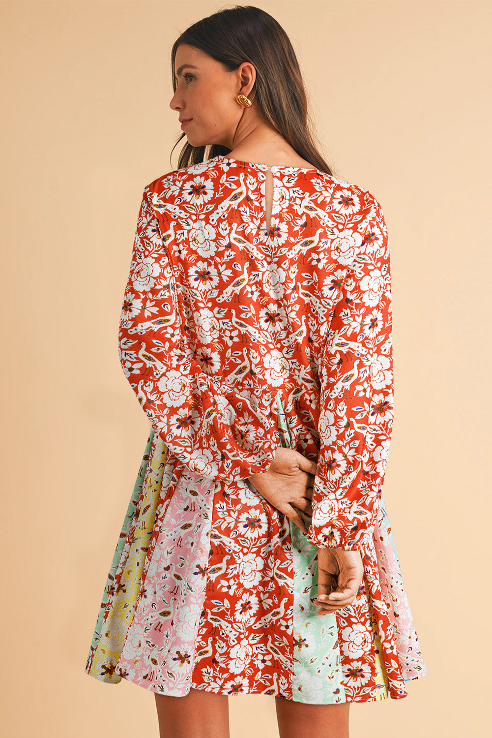 Colorful Floral Patchwork Long Sleeve Pleated Mini Dress