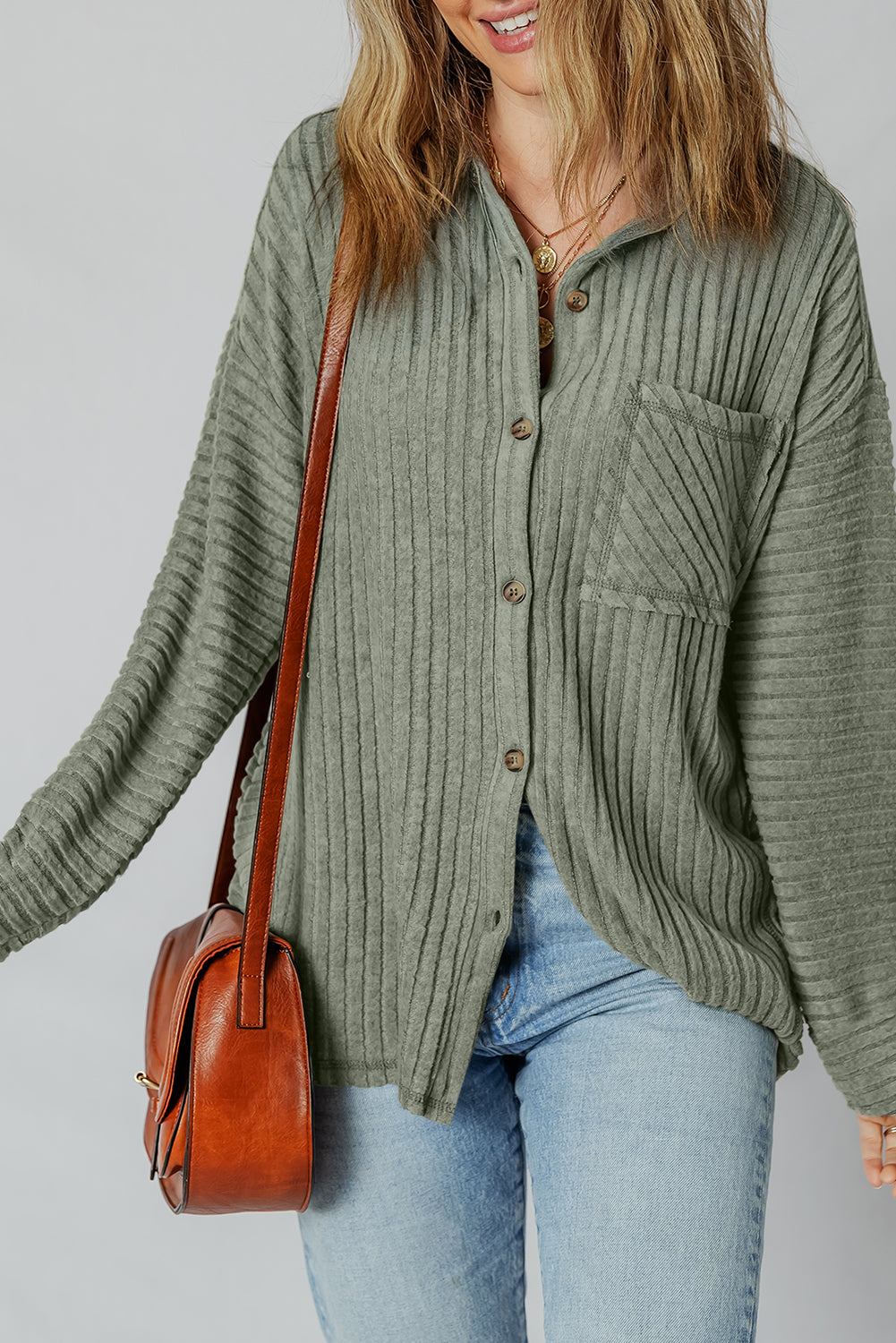 Thermal Ribbed Texture Drop Shoulder Button-Up Shacket for Women