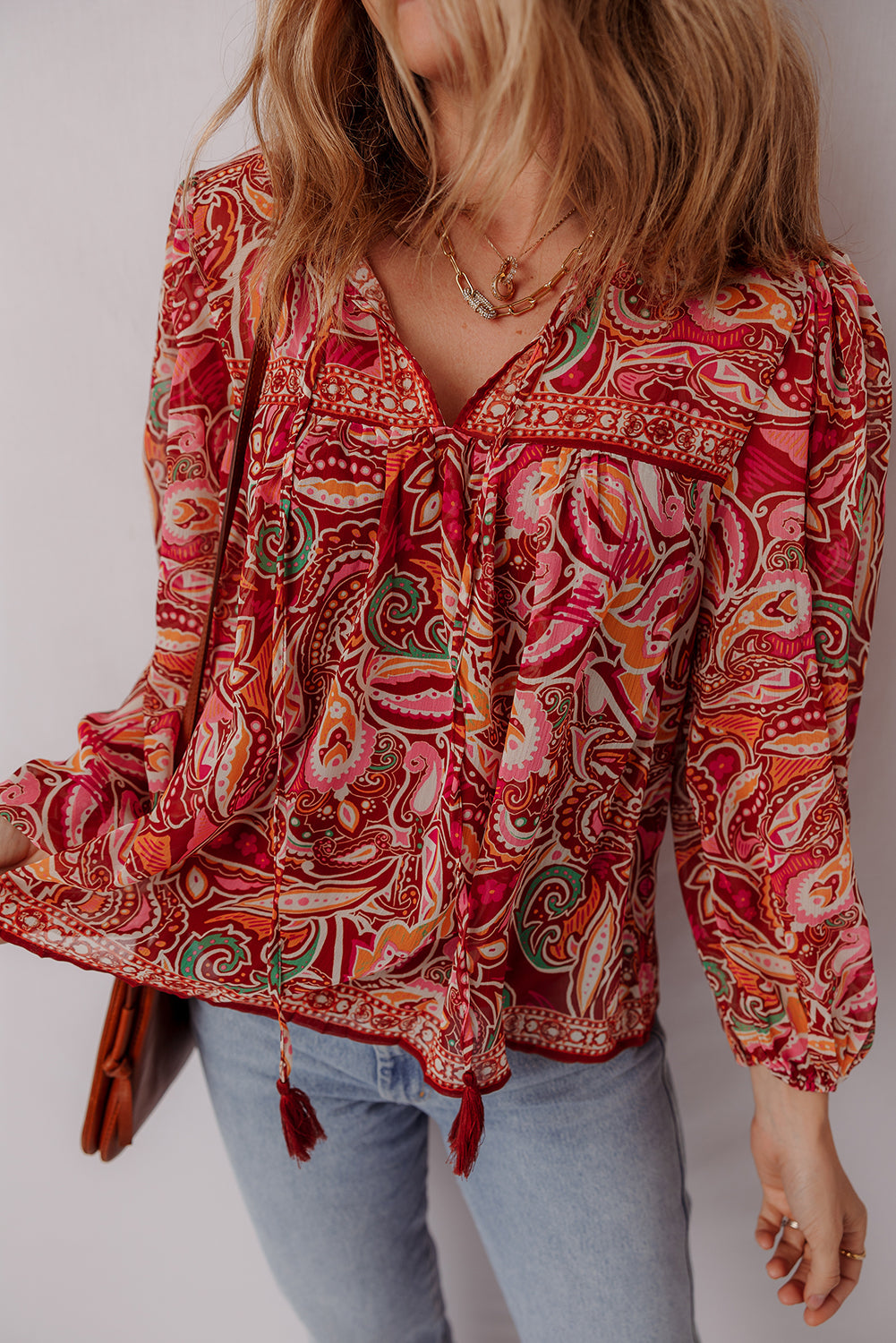 Boho Paisley Print Tassel Tie Puff Sleeve Ethnic Blouse