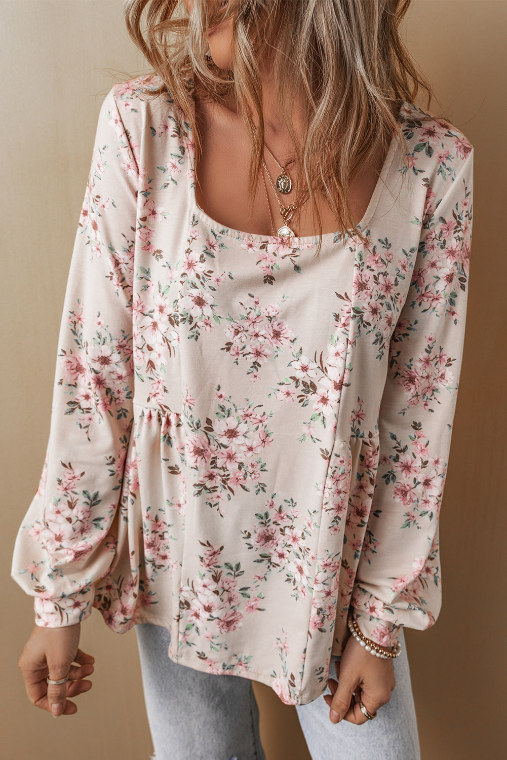 Floral Print Pleated U-Neck Loose Fit Blouse for Women