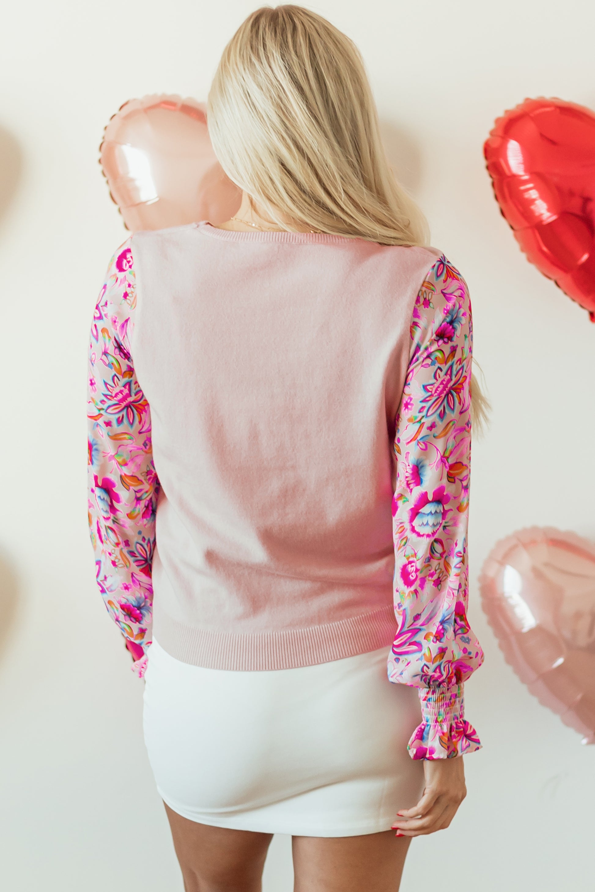 Floral Printed Patchwork Smocked Knit Top with Lantern Sleeves