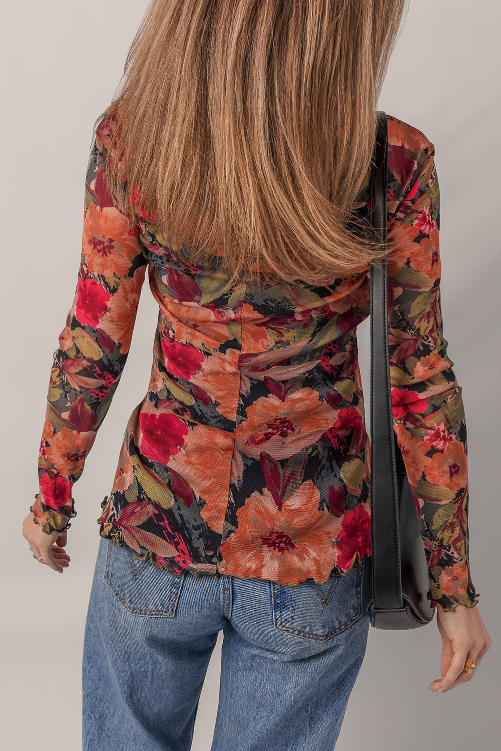 Long Sleeve Floral Print Mesh Top with Lettuce Trim