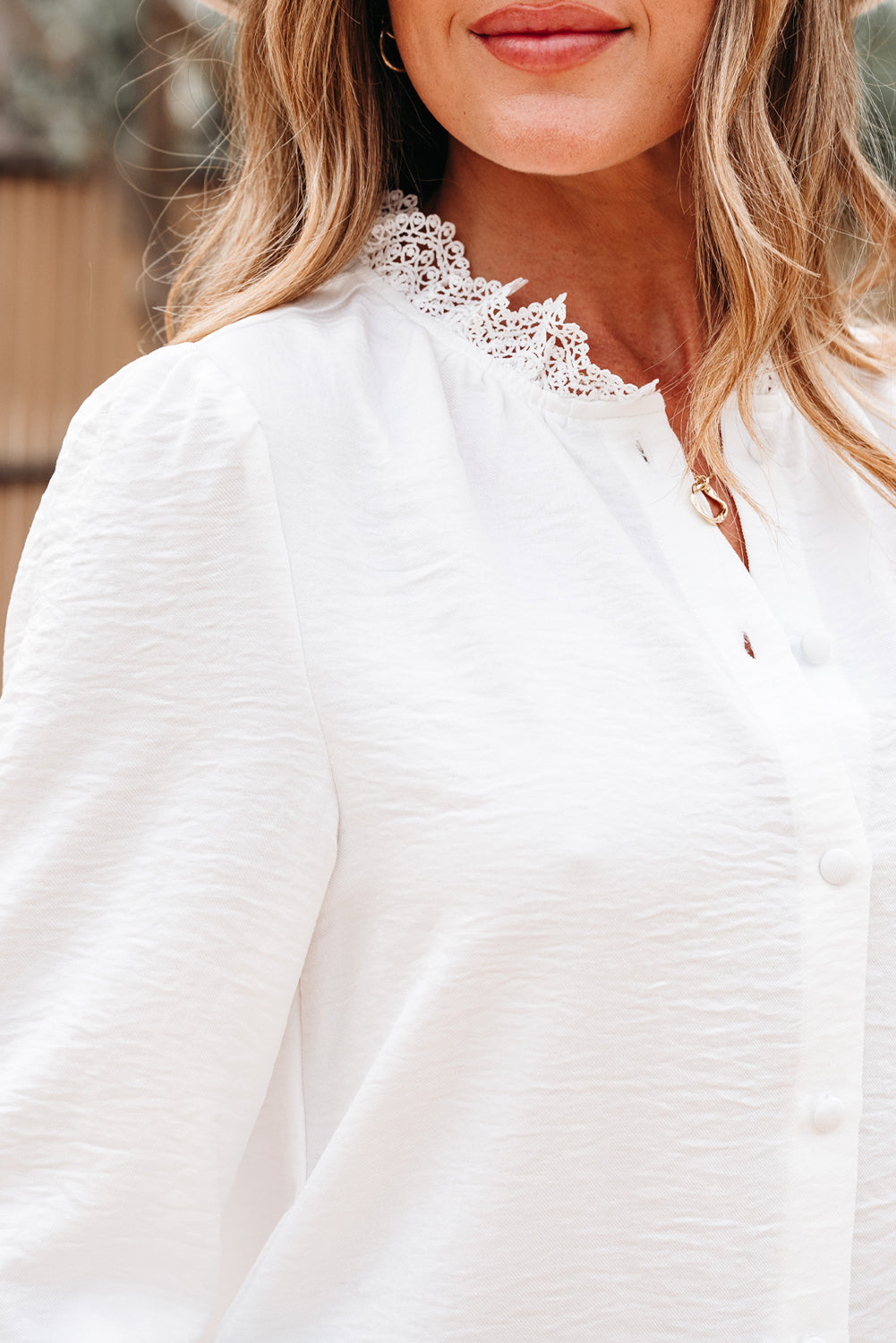 Lace Patchwork Buttoned Stand Neck Loose Fit Shirt