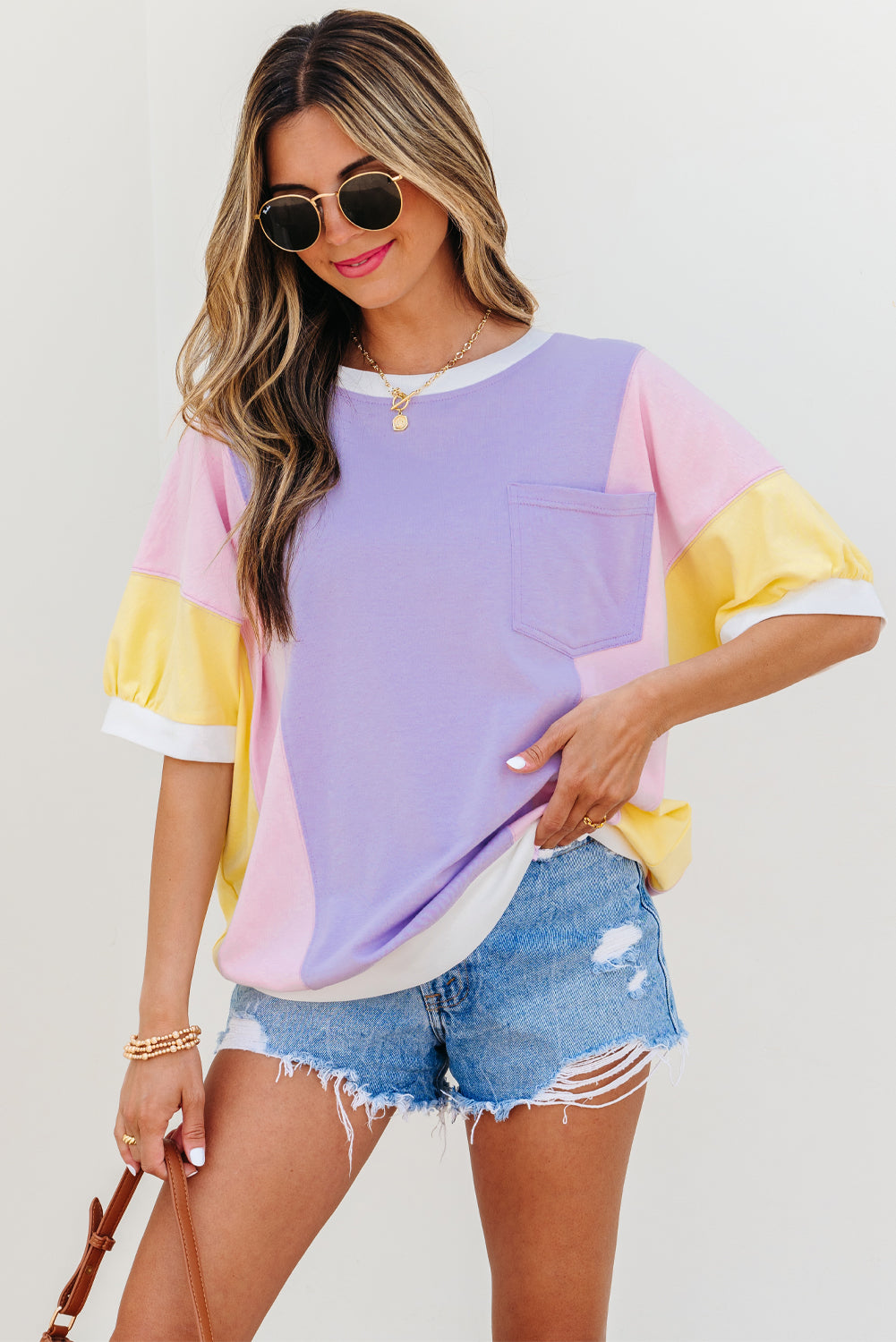 Oversized Color Block Patchwork Half Sleeve T-Shirt for Women