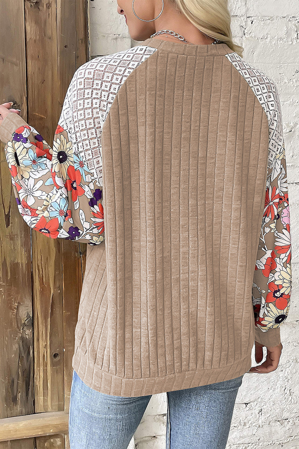 Long Sleeve Ribbed Blouse with Floral Patchwork Detail