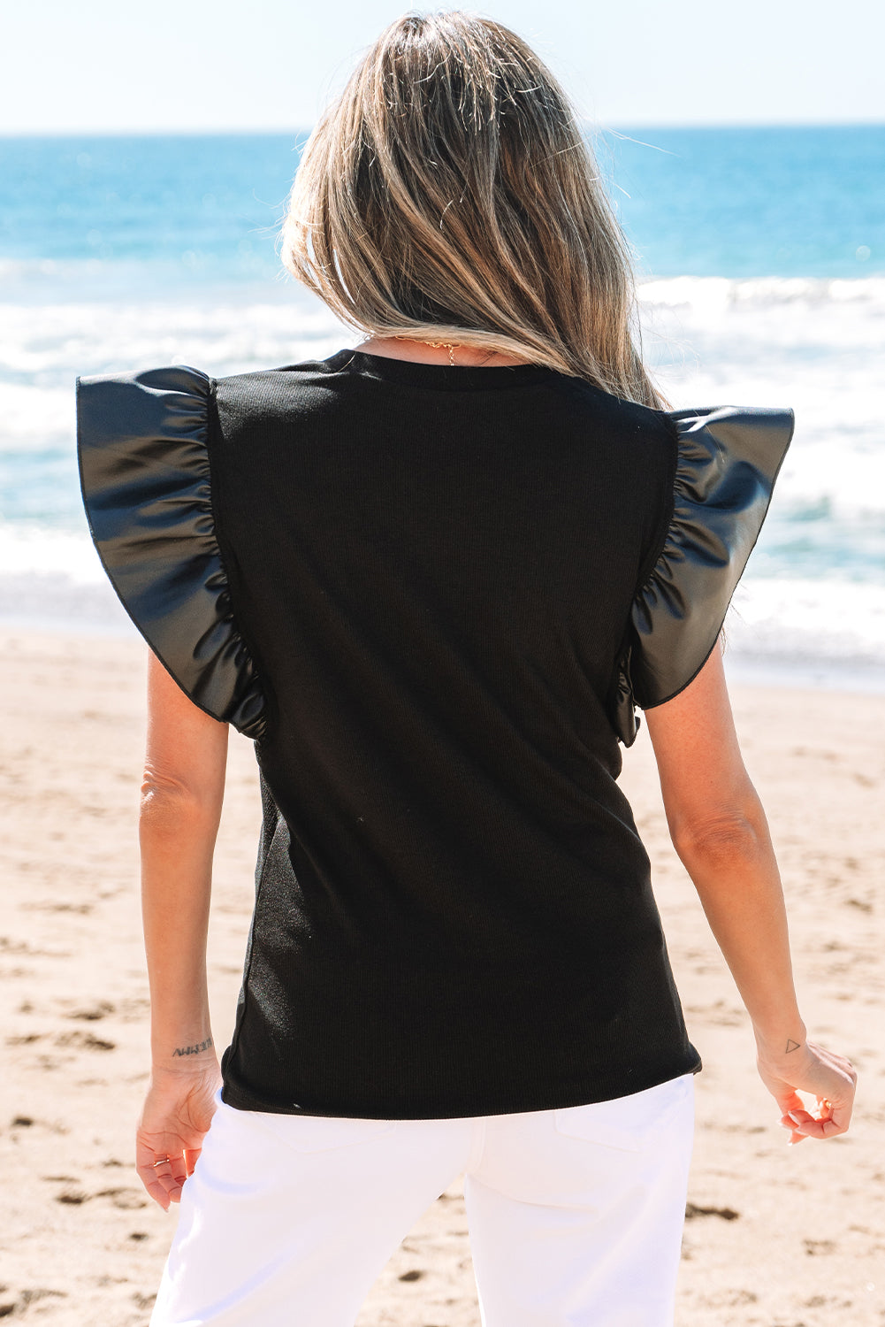 Leather Ruffle Sleeve Patchwork Round Neck Blouse