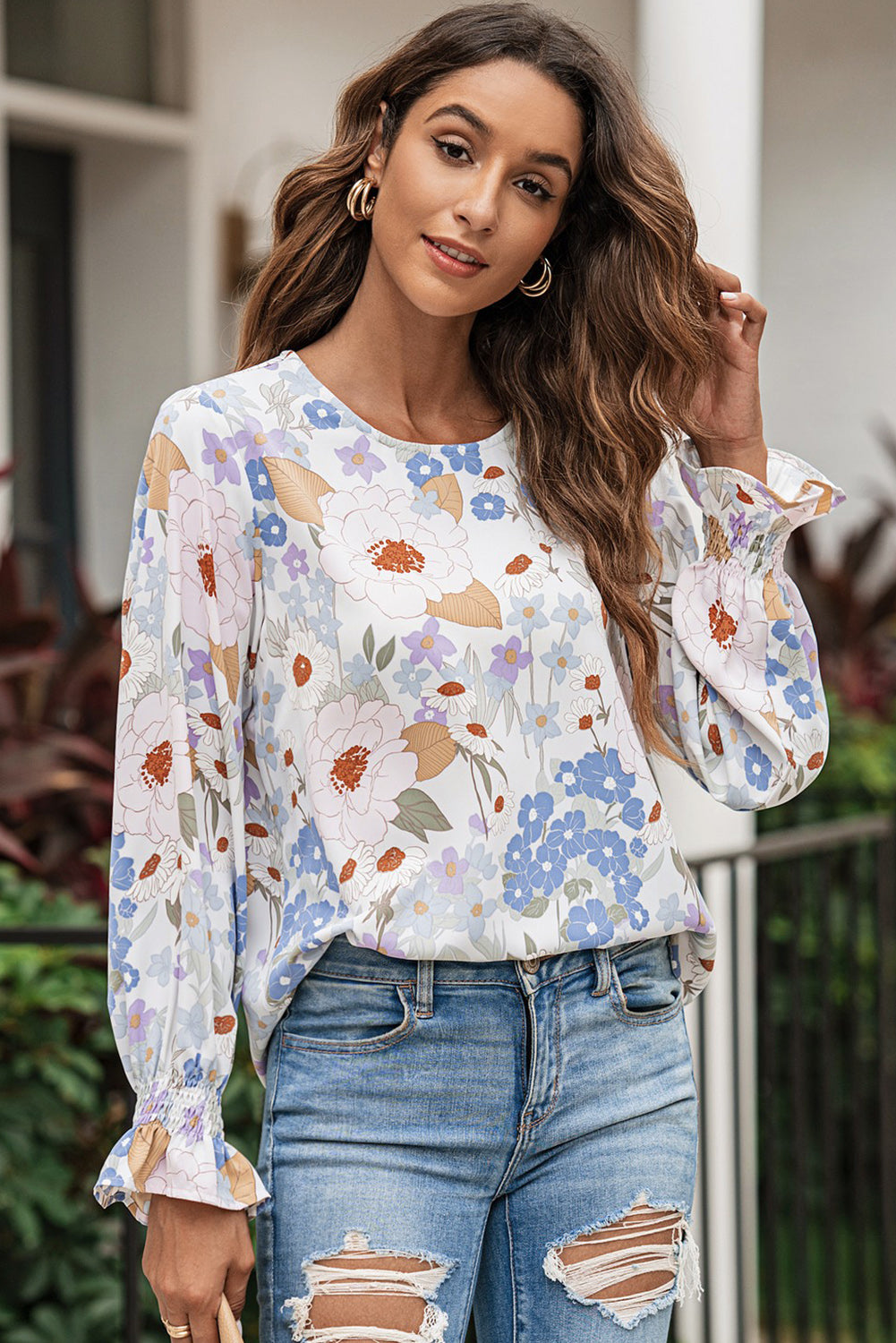 Floral Print Sweetheart Neck Lantern Sleeve Long Sleeve Blouse