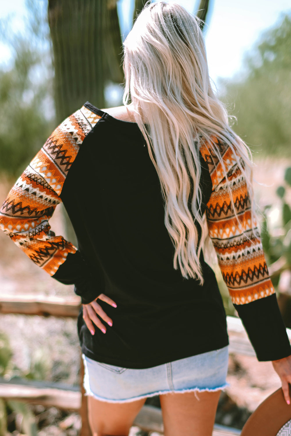 Geo Print Raglan Sleeve Patchwork Long Sleeve Tee for Women