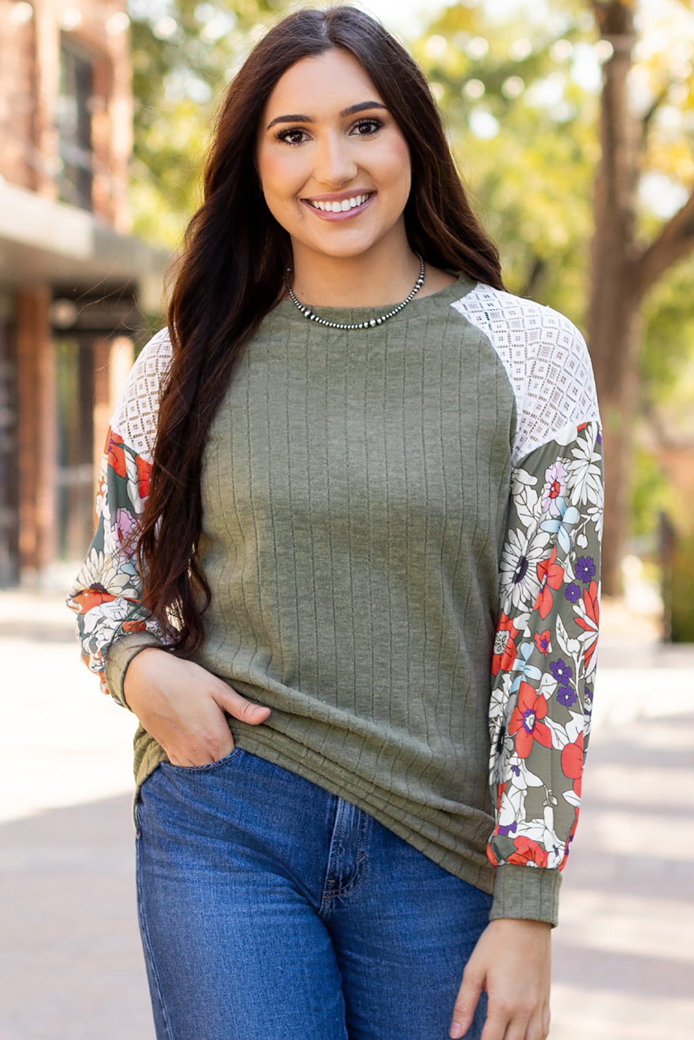 Long Sleeve Ribbed Blouse with Floral Patchwork Detail