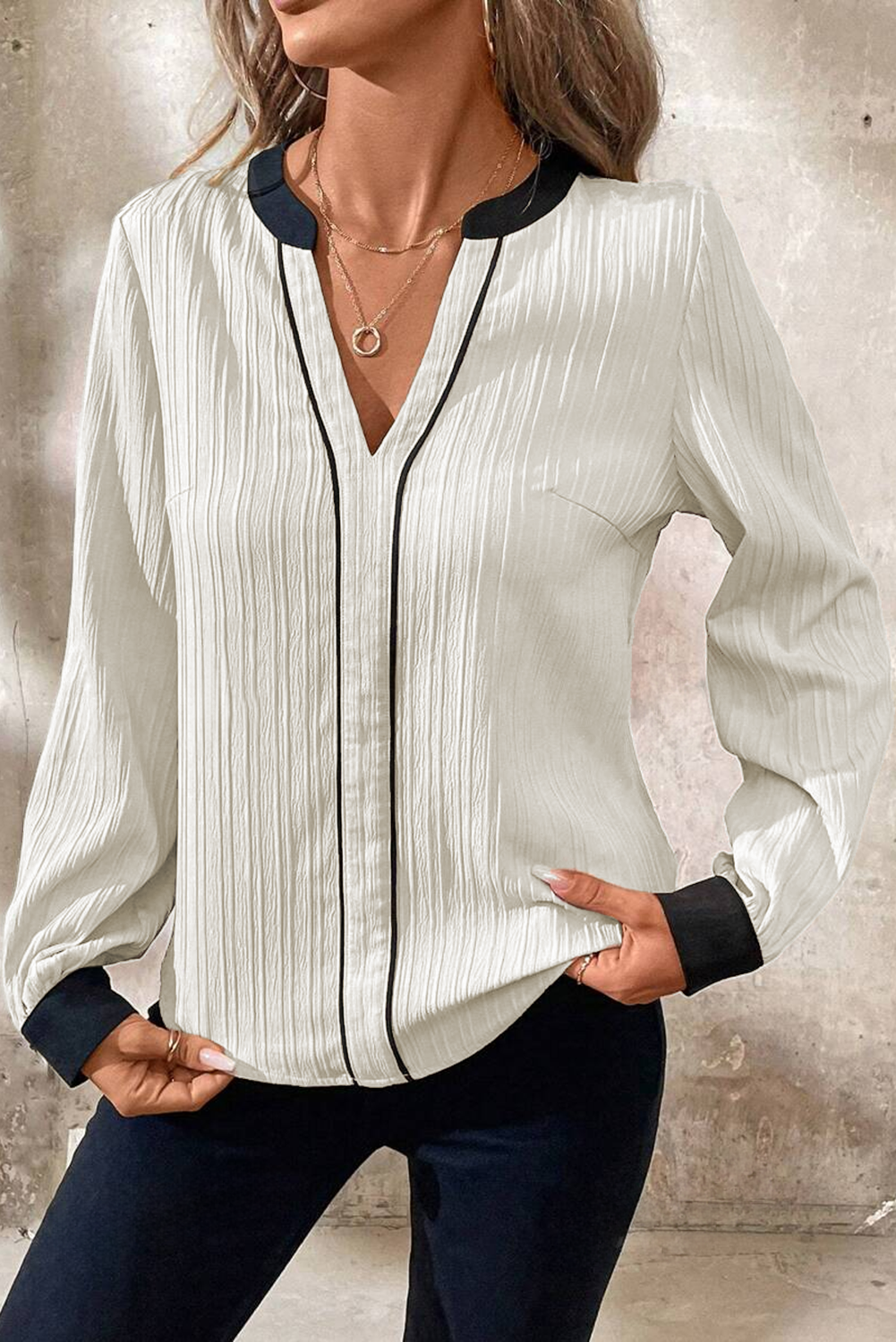 Textured Colorblock V Neck Elegant Blouse for Women