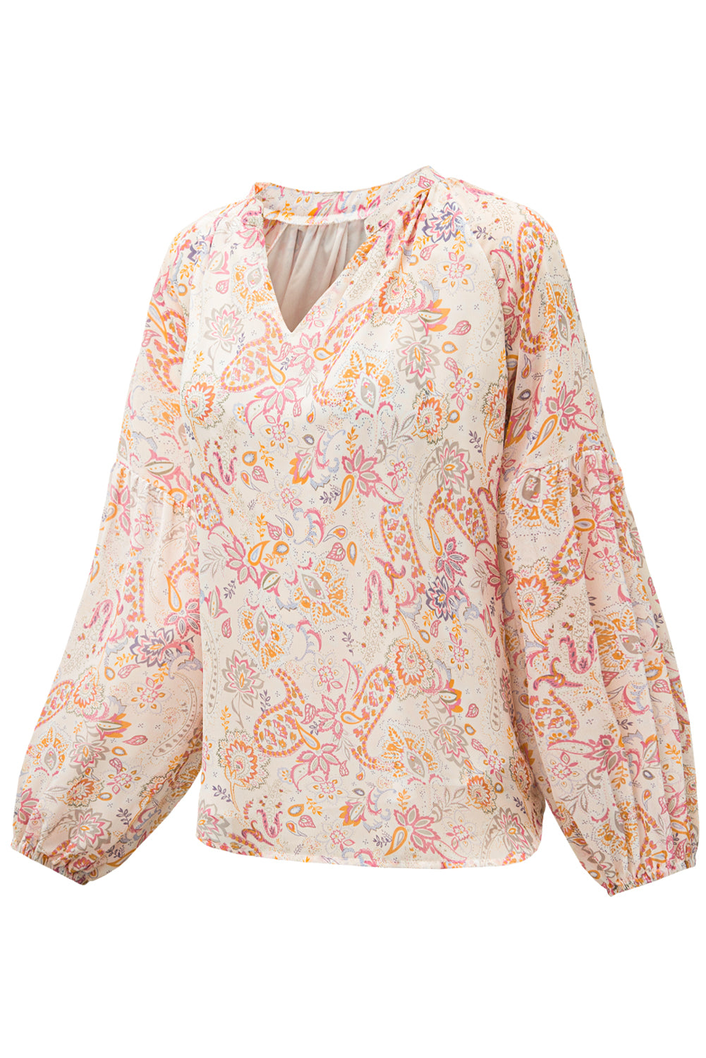 Floral Print V Neck Long Puff Sleeve Blouse for Women