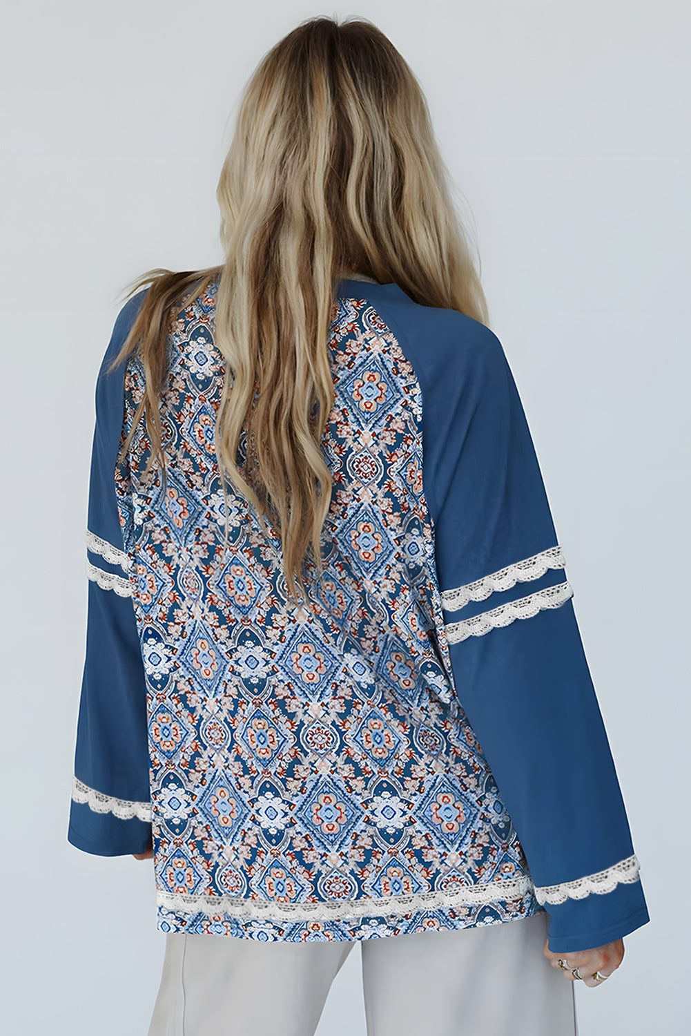 Geometric Print Lace Patchwork Ric Rac Raglan Long Sleeve Top