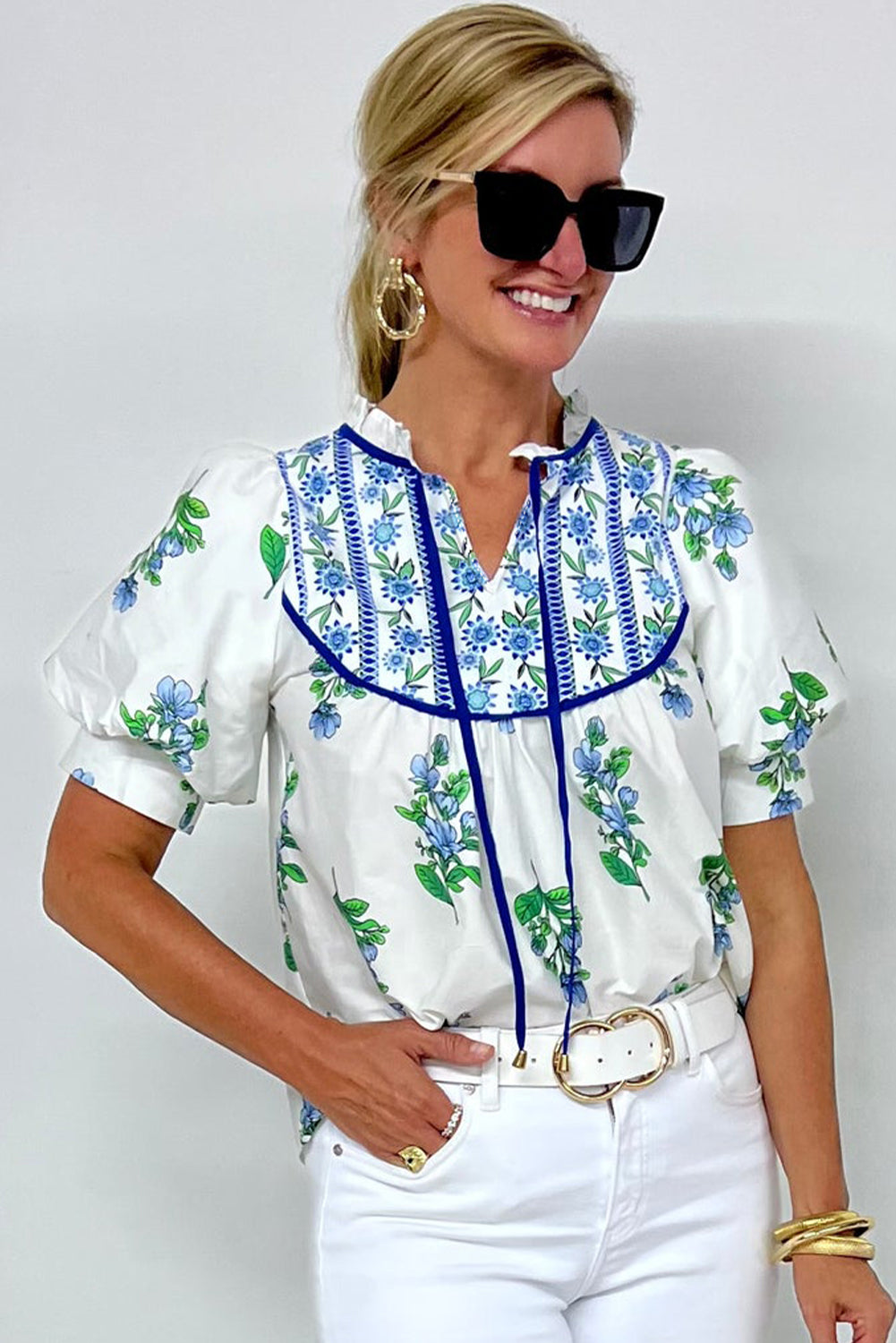Floral Print Tie Neck Short Sleeve Blouse with Piping Trim