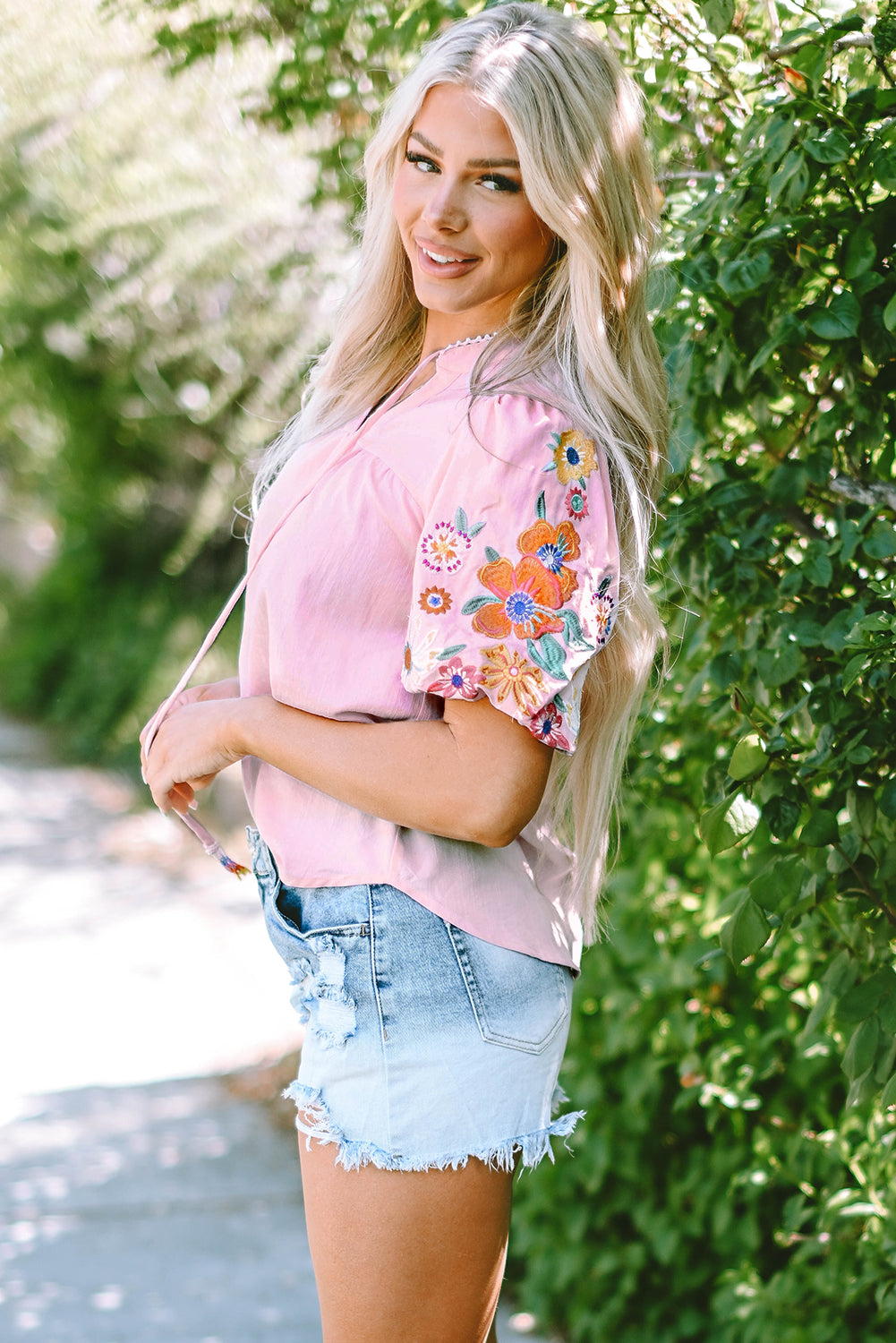 Floral Embroidered Puff Sleeve Split Neck Blouse for Women