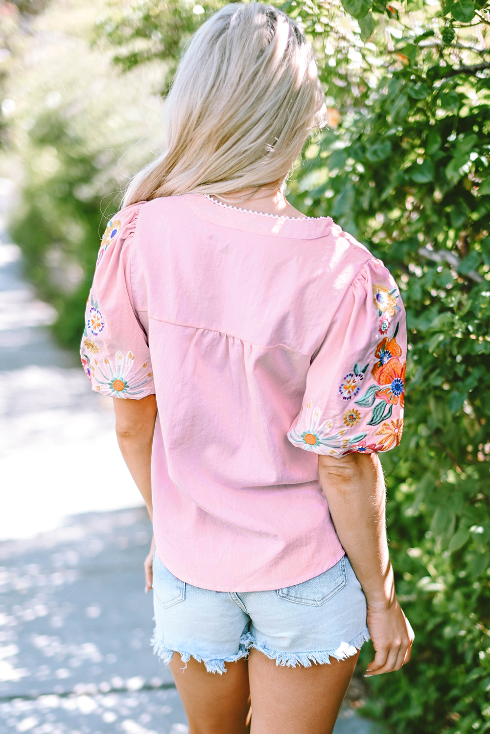 Floral Embroidered Puff Sleeve Split Neck Blouse for Women