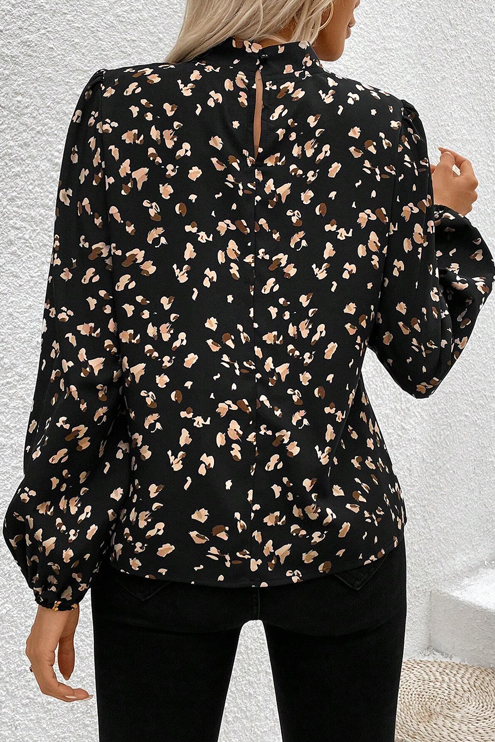 Leopard Print Pleated Blouse with Mock Neck and Lantern Sleeves