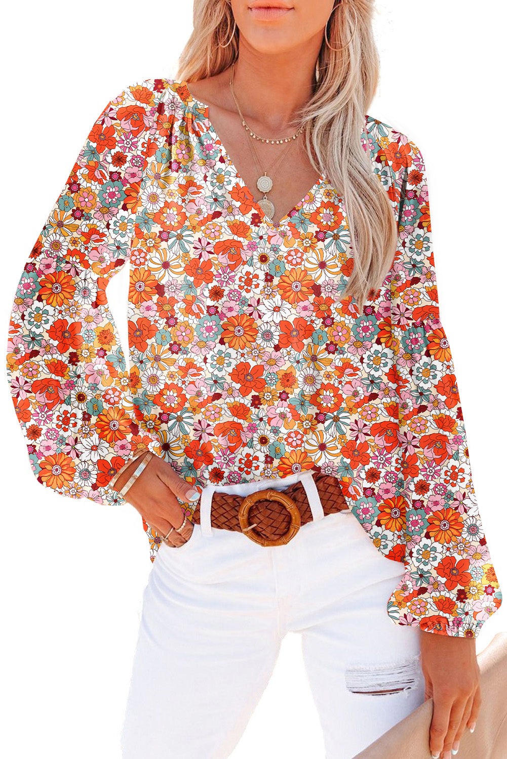 Floral Print V Neck Long Puff Sleeve Blouse for Women
