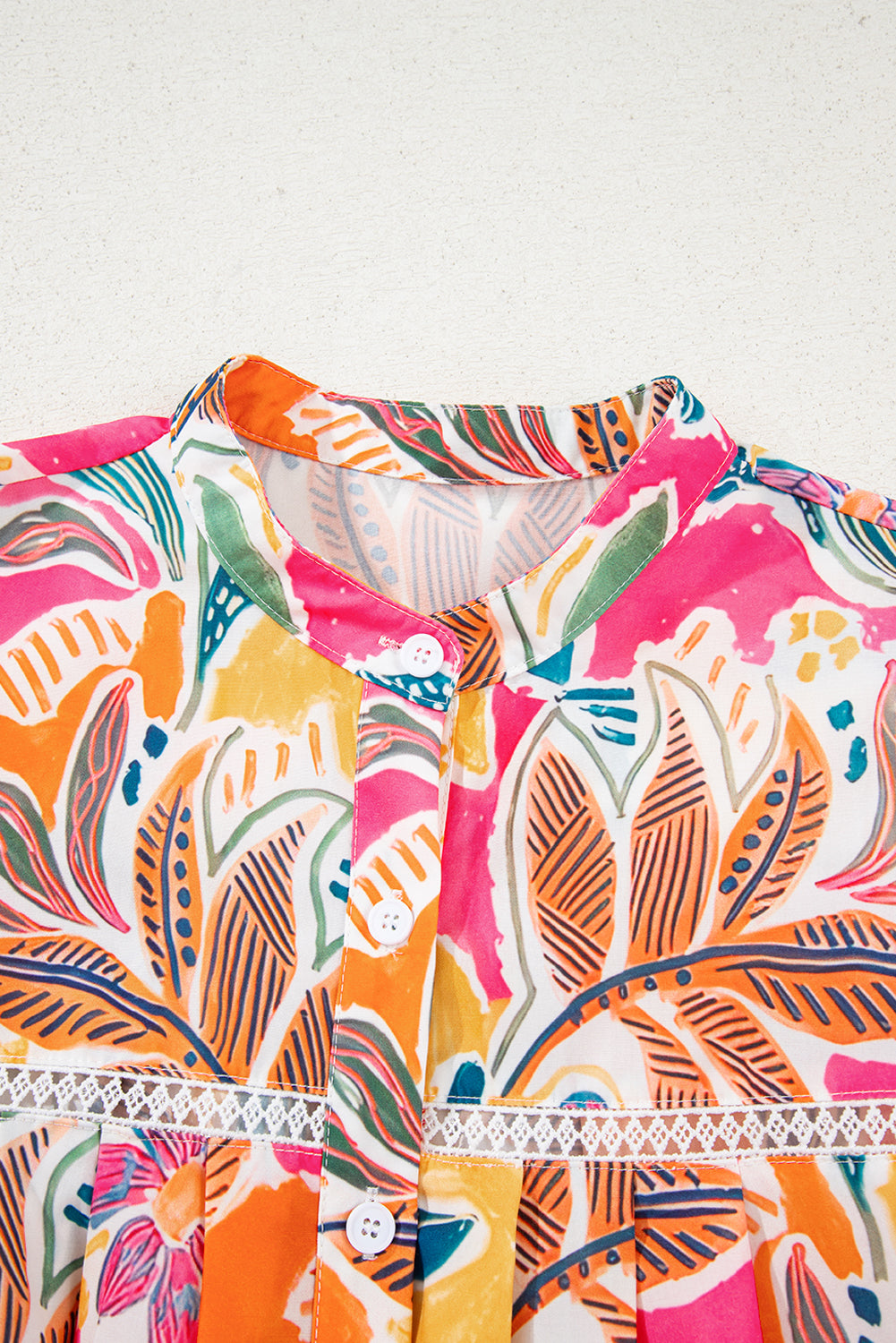 Tropical Print Button-Up Short Sleeve Shirt for Women