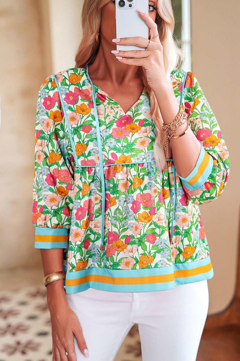 Floral Print Striped Trim Tie Neck Puff Sleeve Babydoll Blouse