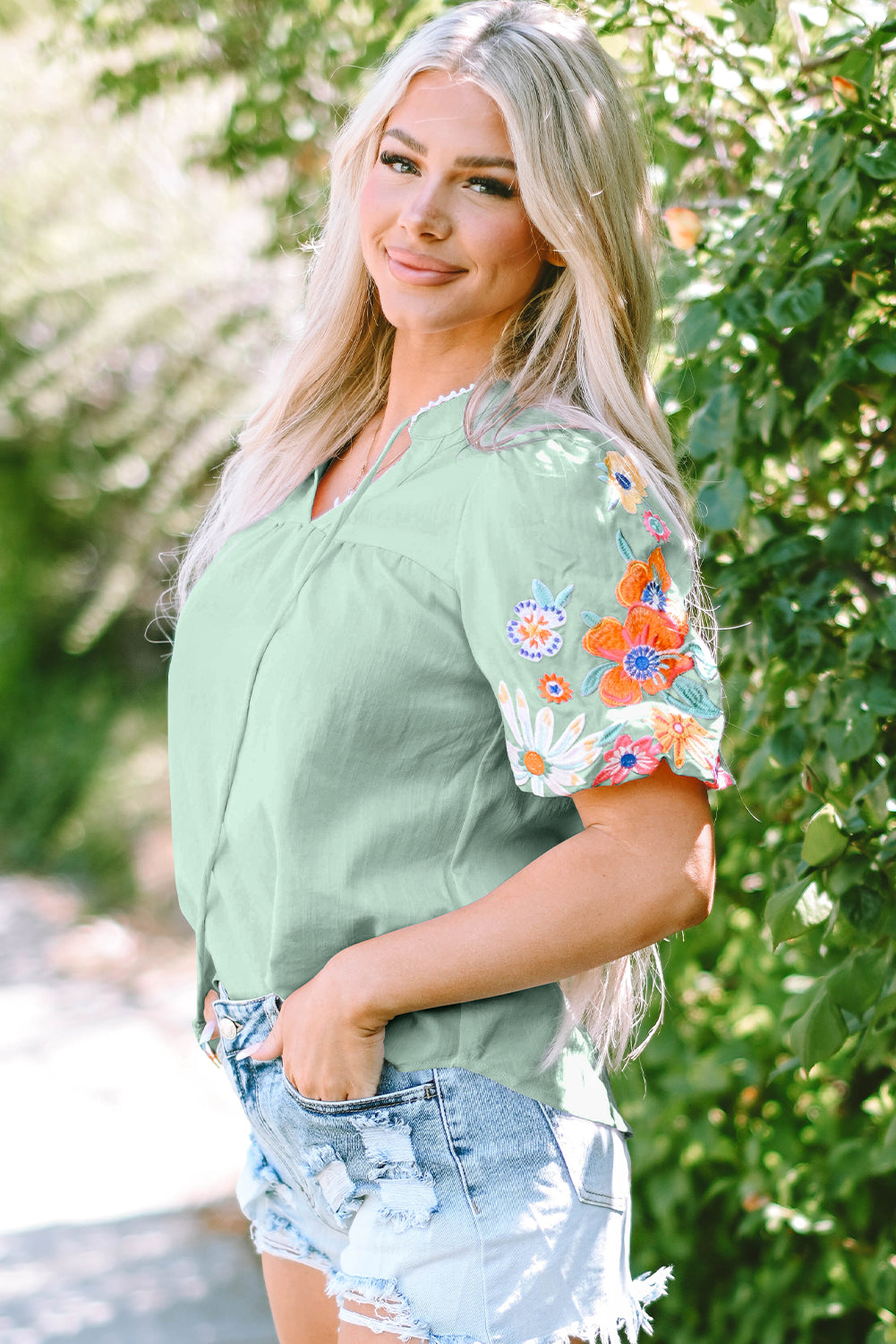 Floral Embroidered Puff Sleeve Split Neck Blouse for Women