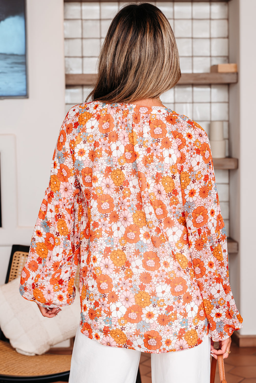 Floral Print V Neck Long Puff Sleeve Blouse for Women