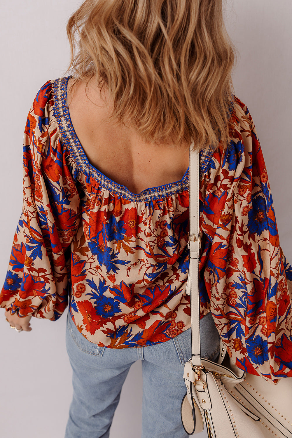 Floral Print Square Neck Backless Loose Fit Blouse for Women