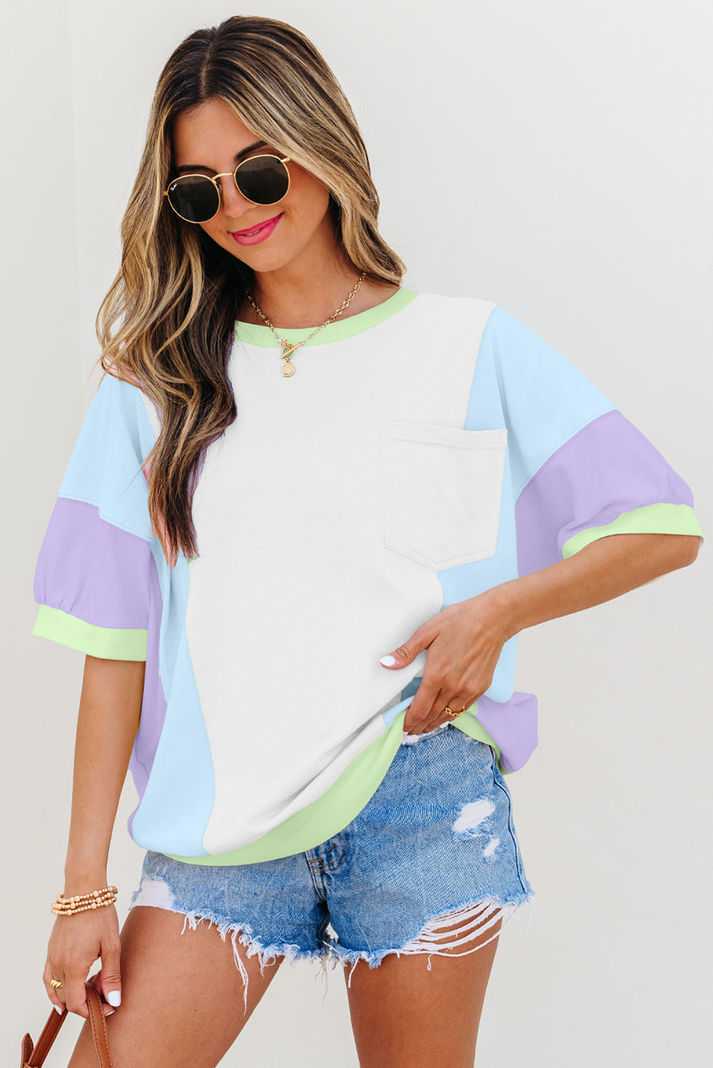 Oversized Color Block Patchwork Half Sleeve T-Shirt for Women