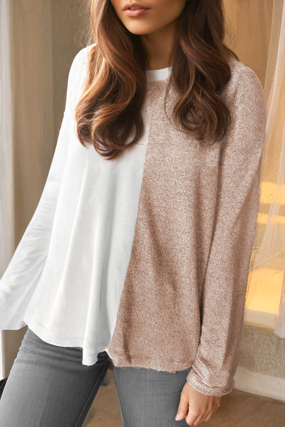 Long Sleeve Colorblock Crew Neck Women's Top