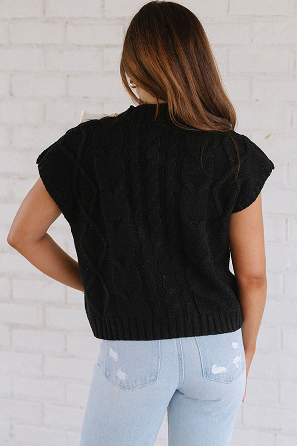 Cable Knit Colorblock Satin Bowknot Short Sleeve Sweater for Women
