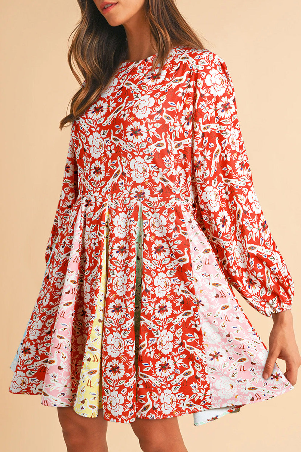 Colorful Floral Patchwork Long Sleeve Pleated Mini Dress