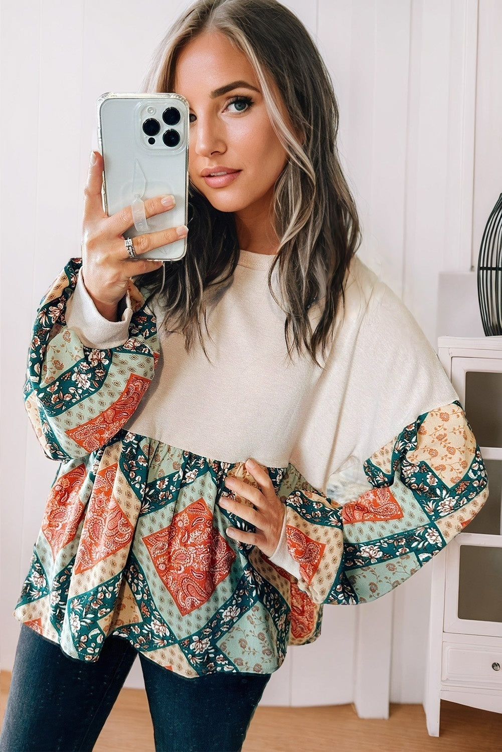 Jet Stream Paisley Geometric Patchwork Crew Neck Loose Fit Women's Top