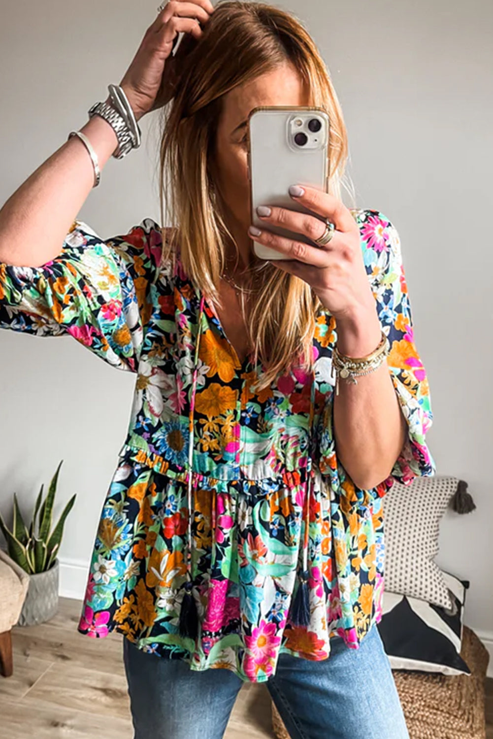 Ruffled V Neck Floral Print Bubble Sleeve Blouse for Women