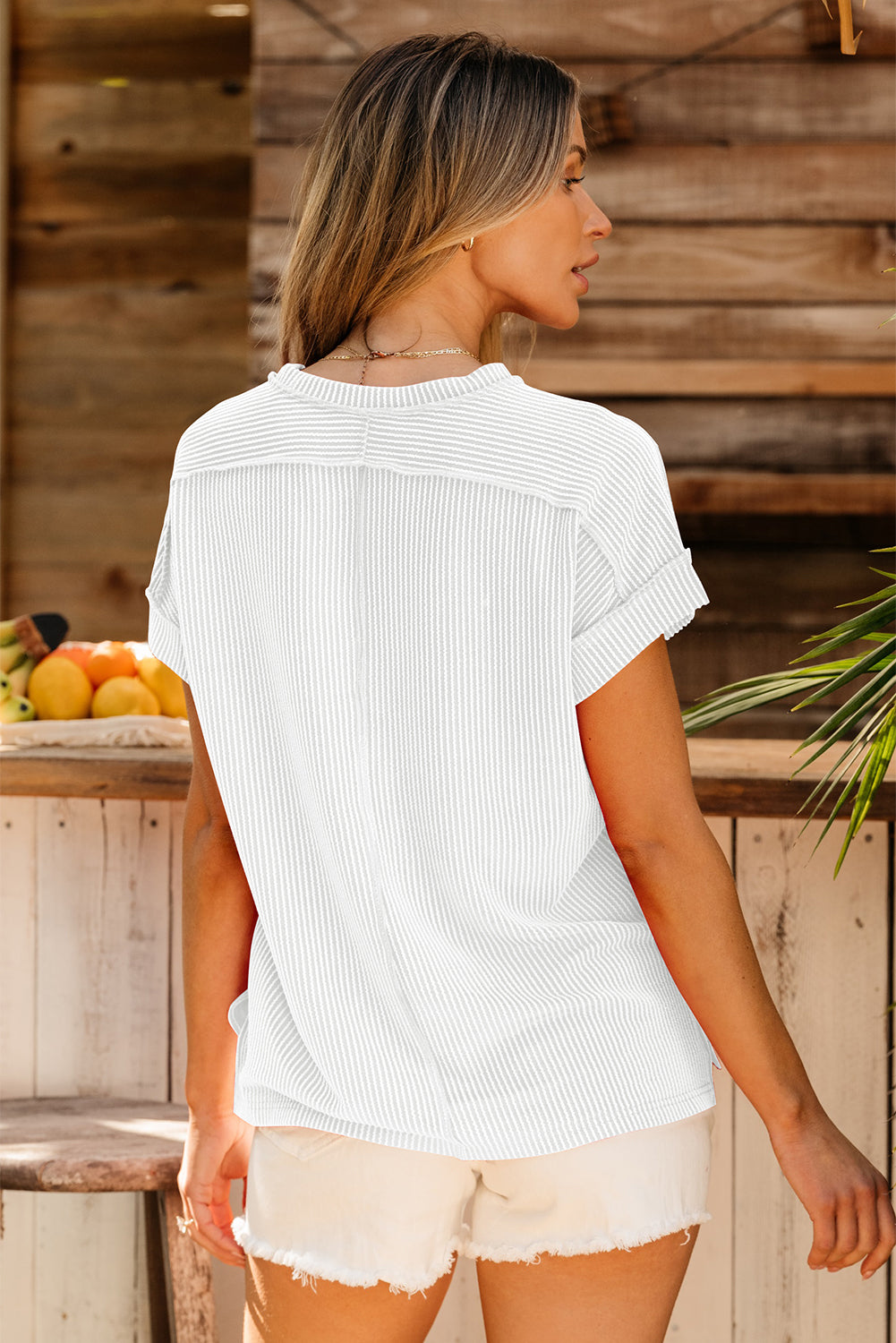 Textured Knit T-shirt with Exposed Stitching and Short Sleeves