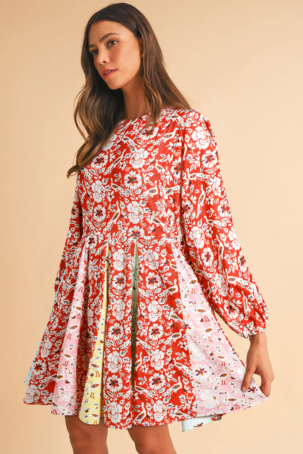 Colorful Floral Patchwork Long Sleeve Pleated Mini Dress