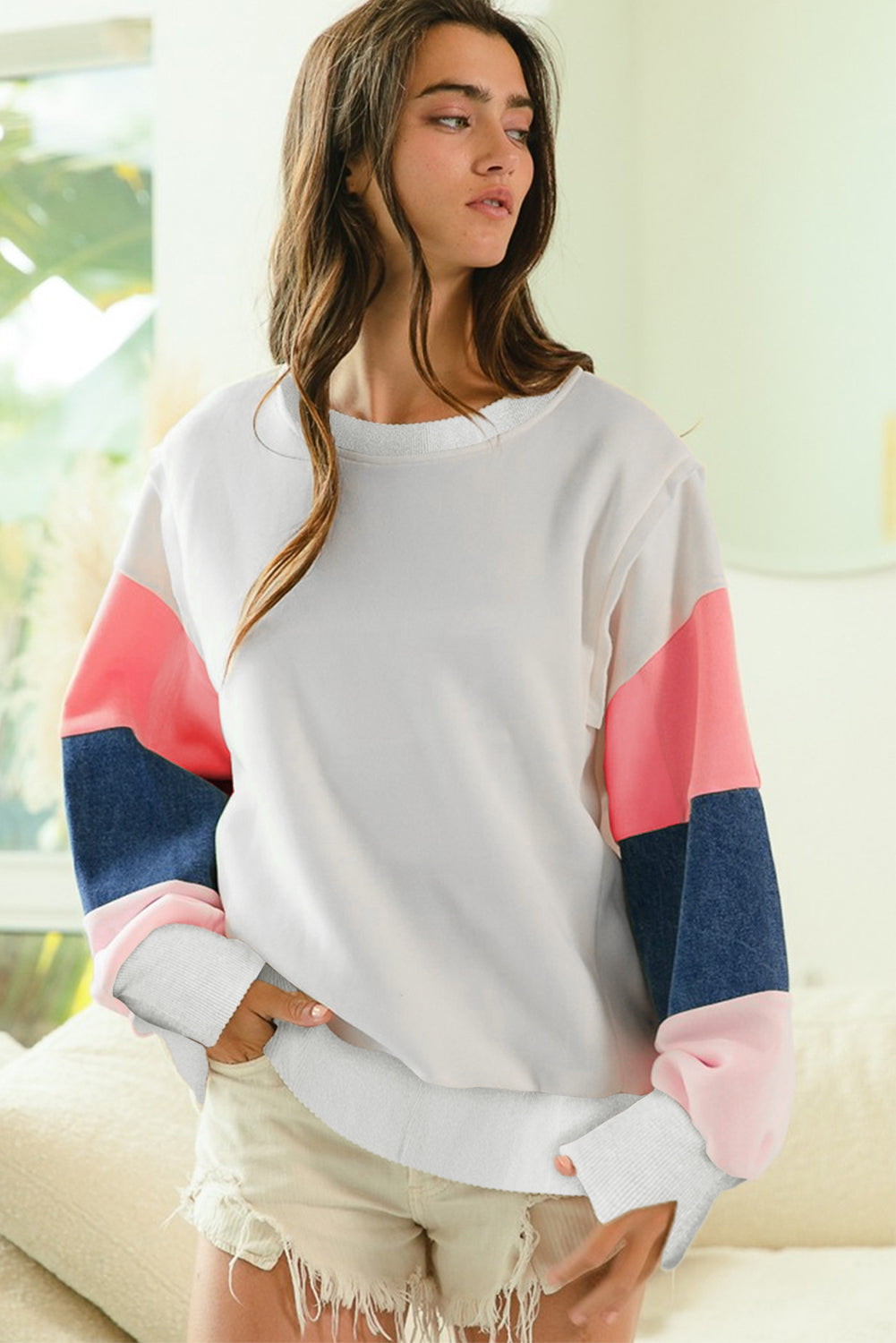 French Terry Color Block Long Sleeve Women's Top