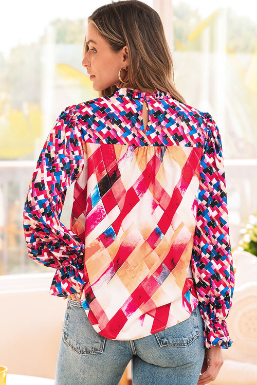 Abstract Geometric Pattern Patchwork Puff Sleeve Blouse for Women