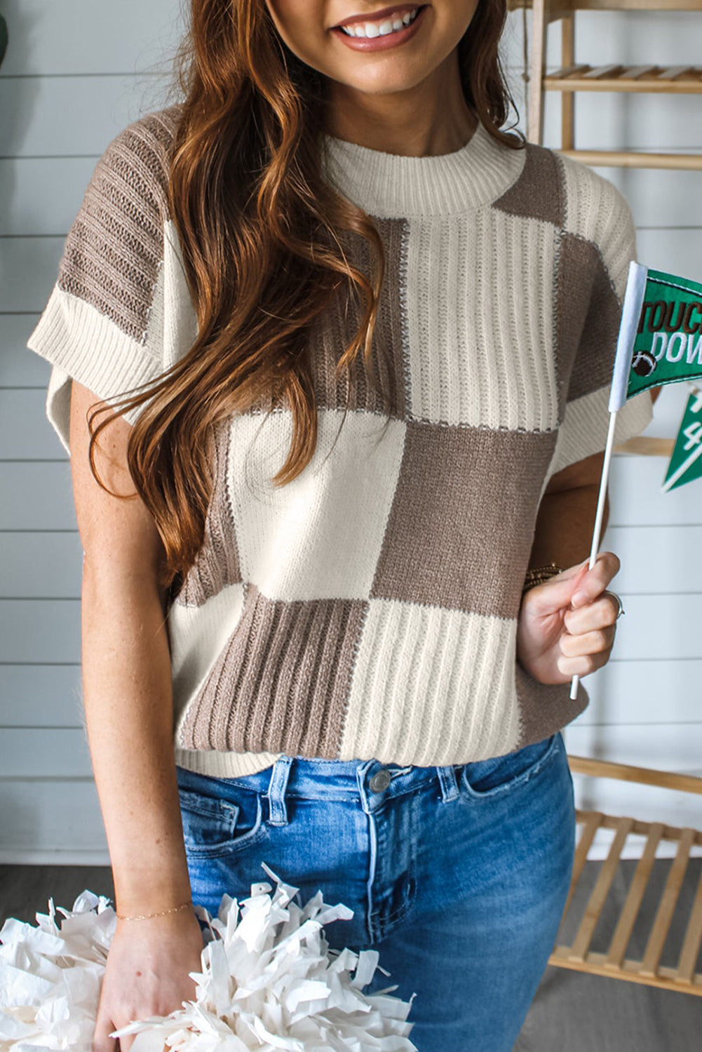 Color Block Checkered Crew Neck Short Sleeve Sweater for Women