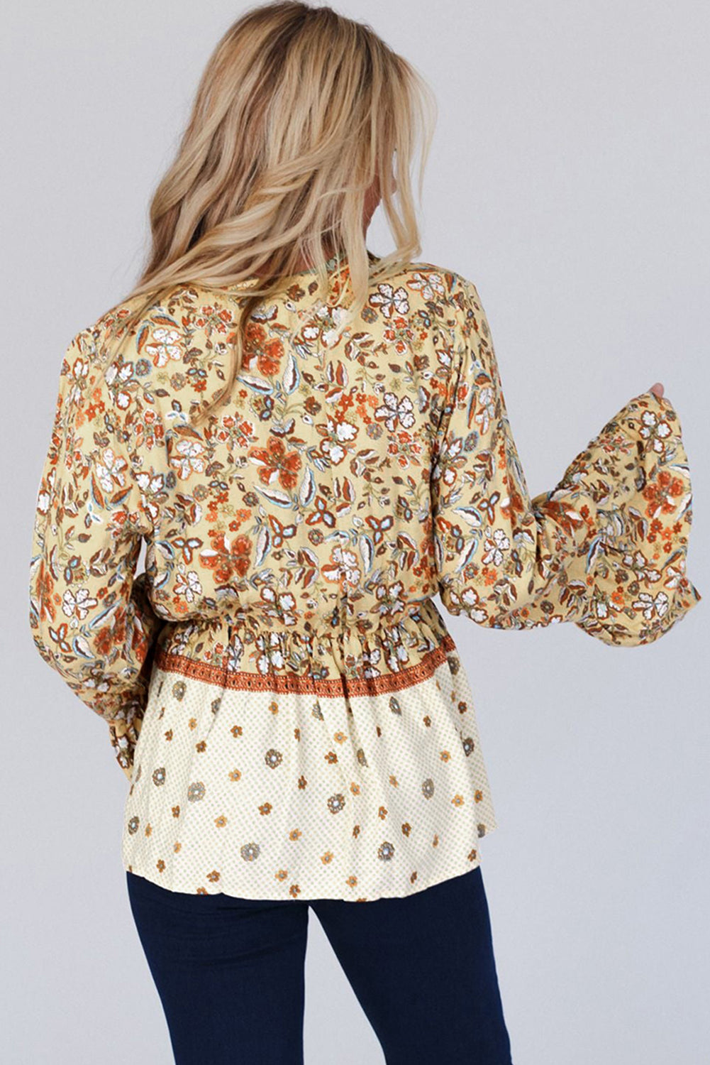 Printed Floral Bell Sleeve V Neck Wrap Peplum Blouse