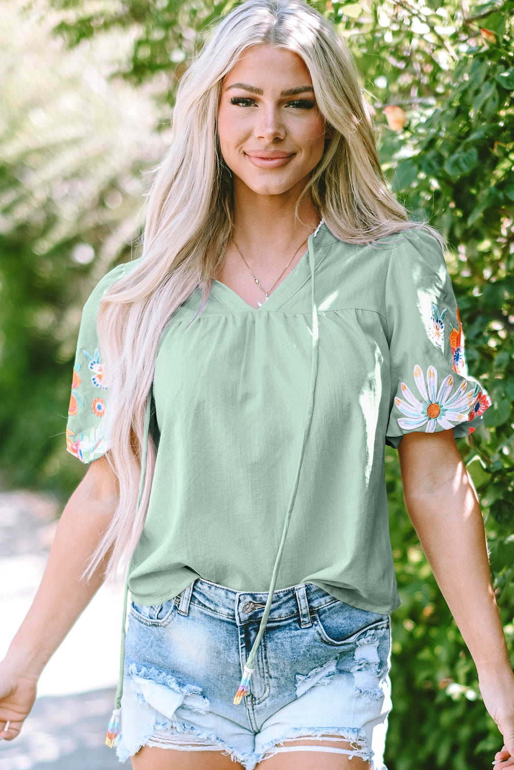 Floral Embroidered Puff Sleeve Split Neck Blouse for Women