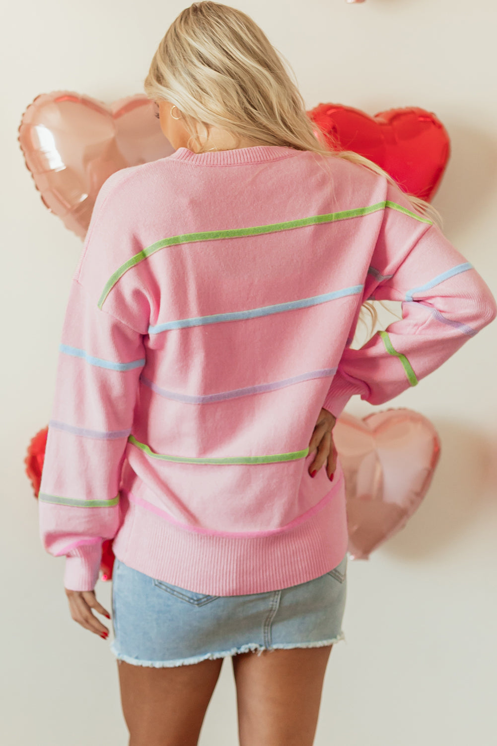 Baggy Henley Sweater with Rainbow Stripes and Drop Shoulder