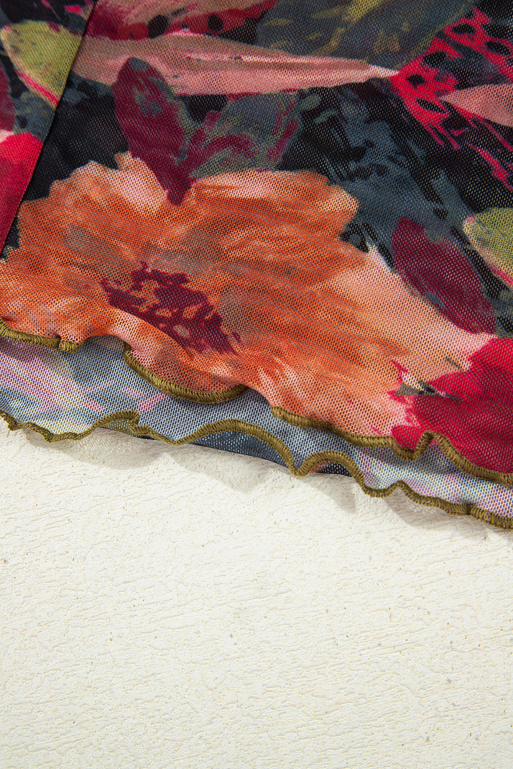 Long Sleeve Floral Print Mesh Top with Lettuce Trim