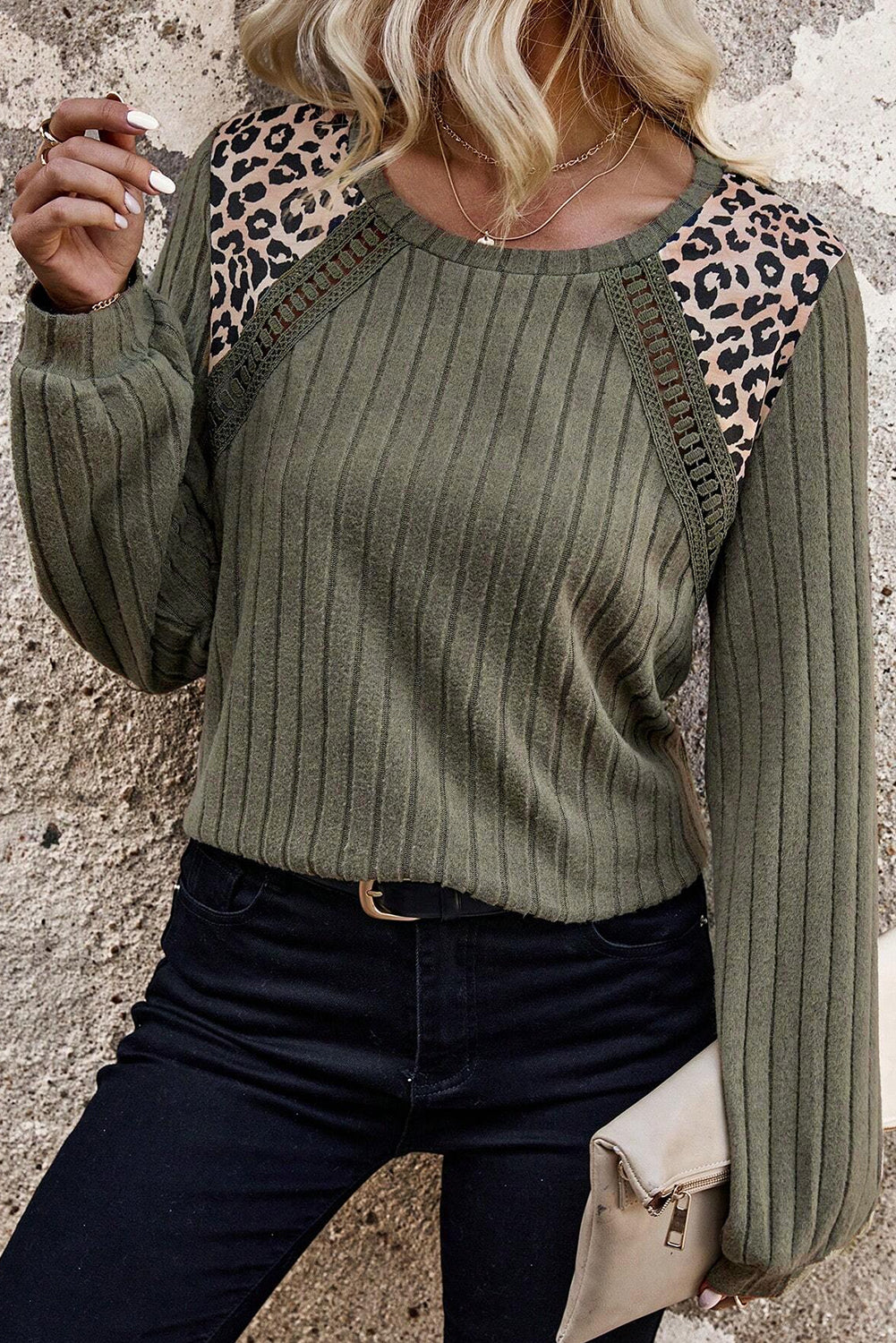 Crochet Patchwork Leopard Print Ribbed Knit Top for Women