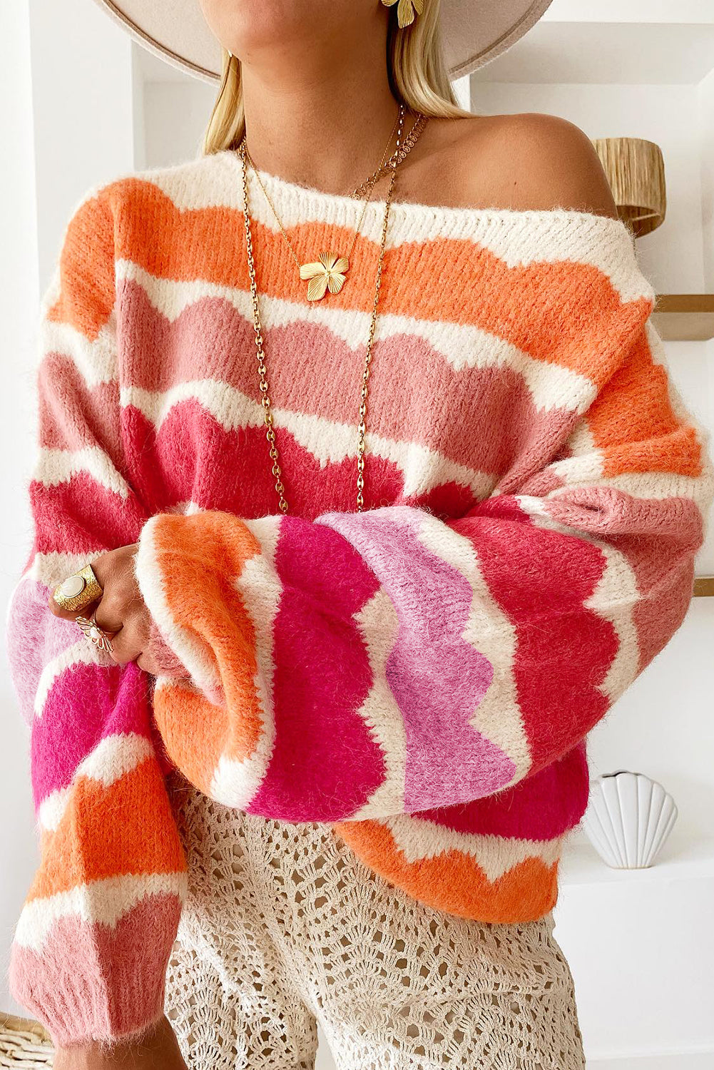 Balloon Sleeve Drop Shoulder Striped Knit Pullover Sweater for Women