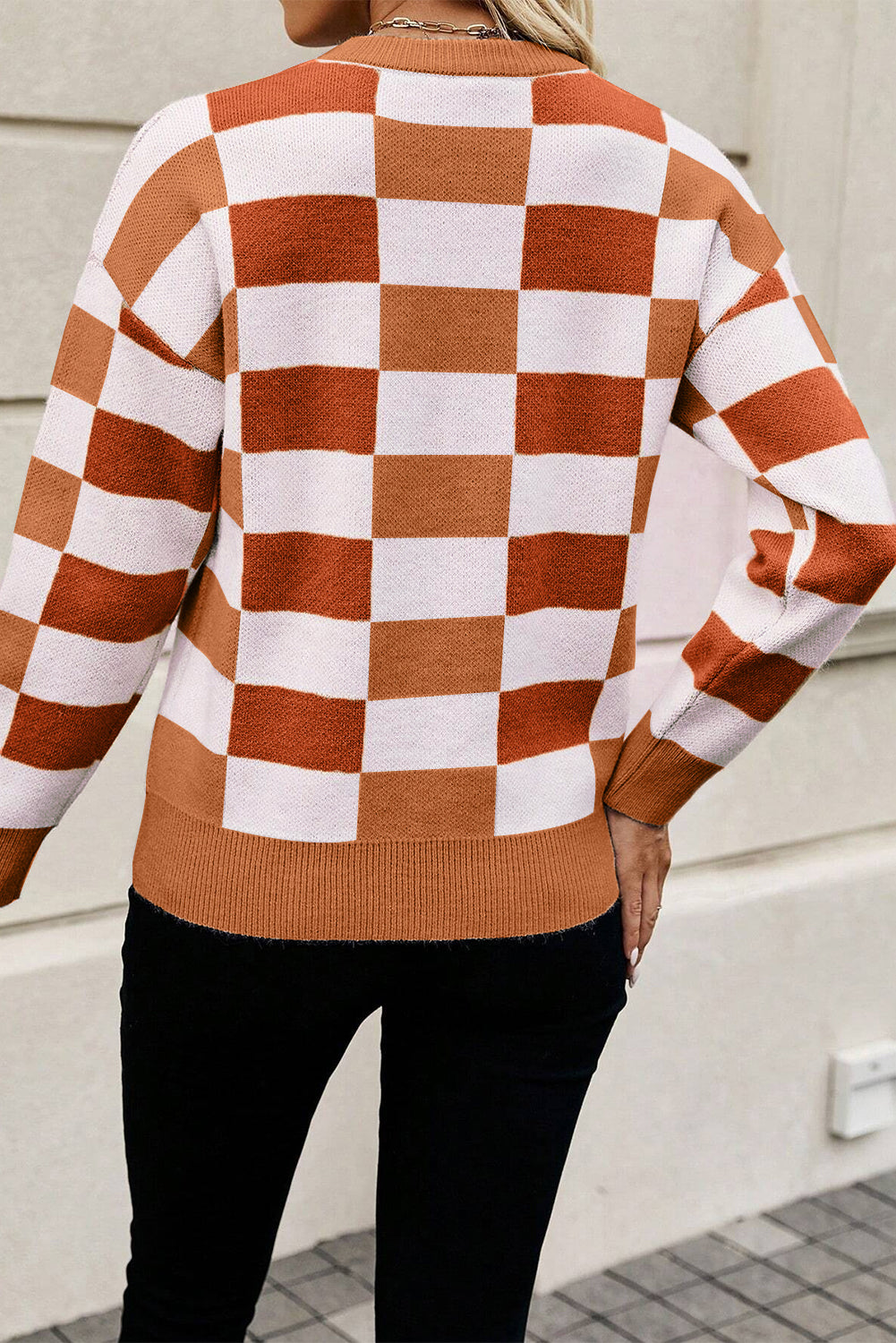 Checkered Ribbed Edge Drop Shoulder O-Neck Sweater