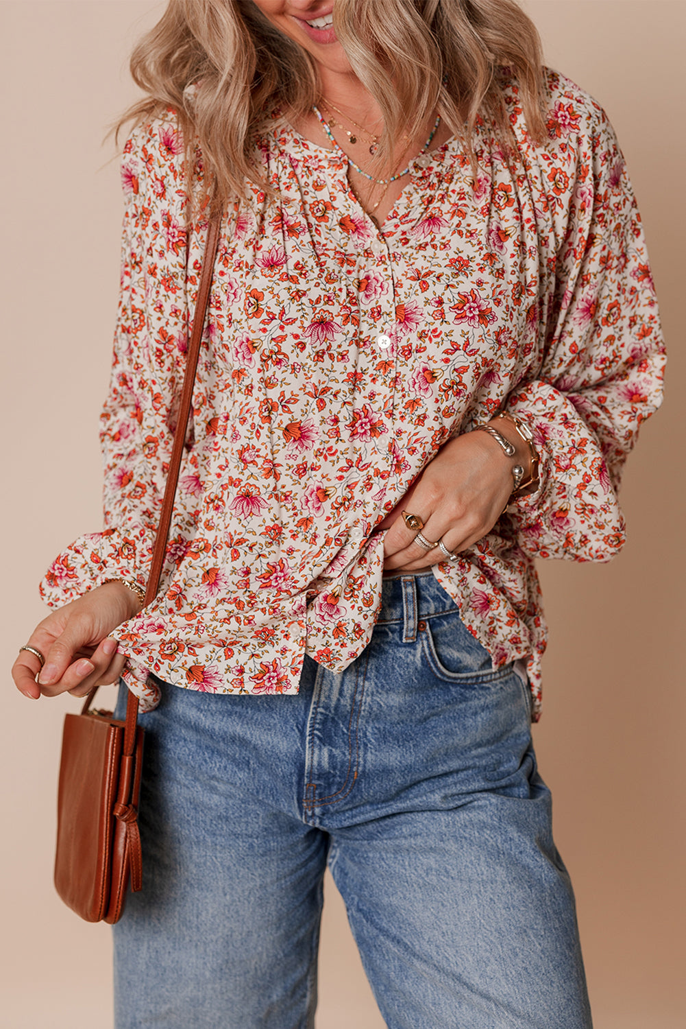 Floral Print Pleated Notched Neck Puff Sleeve Blouse