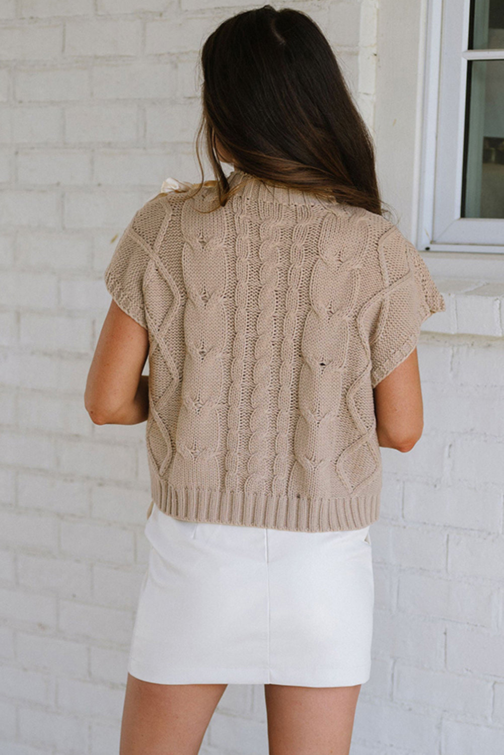 Cable Knit Colorblock Satin Bowknot Short Sleeve Sweater for Women