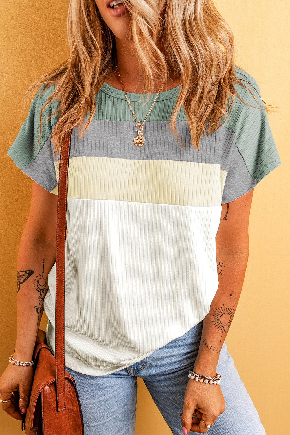 Ribbed Color Block Patchwork Women's T-Shirt Slim Fit Short Sleeve