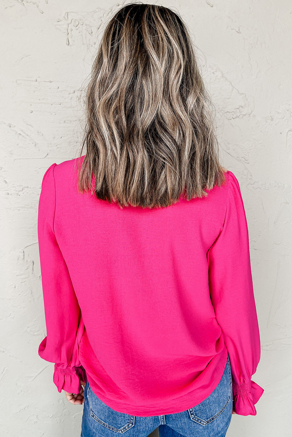 Solid Color Notch V Neck Blouse with Shirred Cuffs